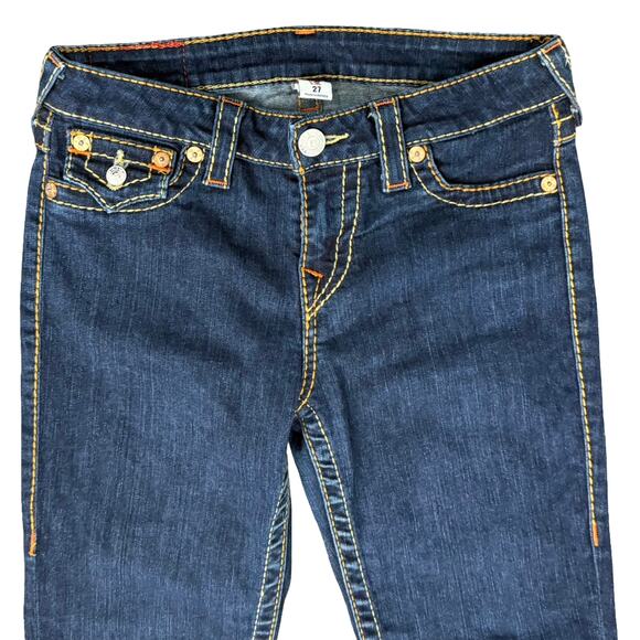True Religion Dark Blue Low Rise Flap Big T Skinny Jeans Size 27 Contrast Stitch - Picture 3 of 10
